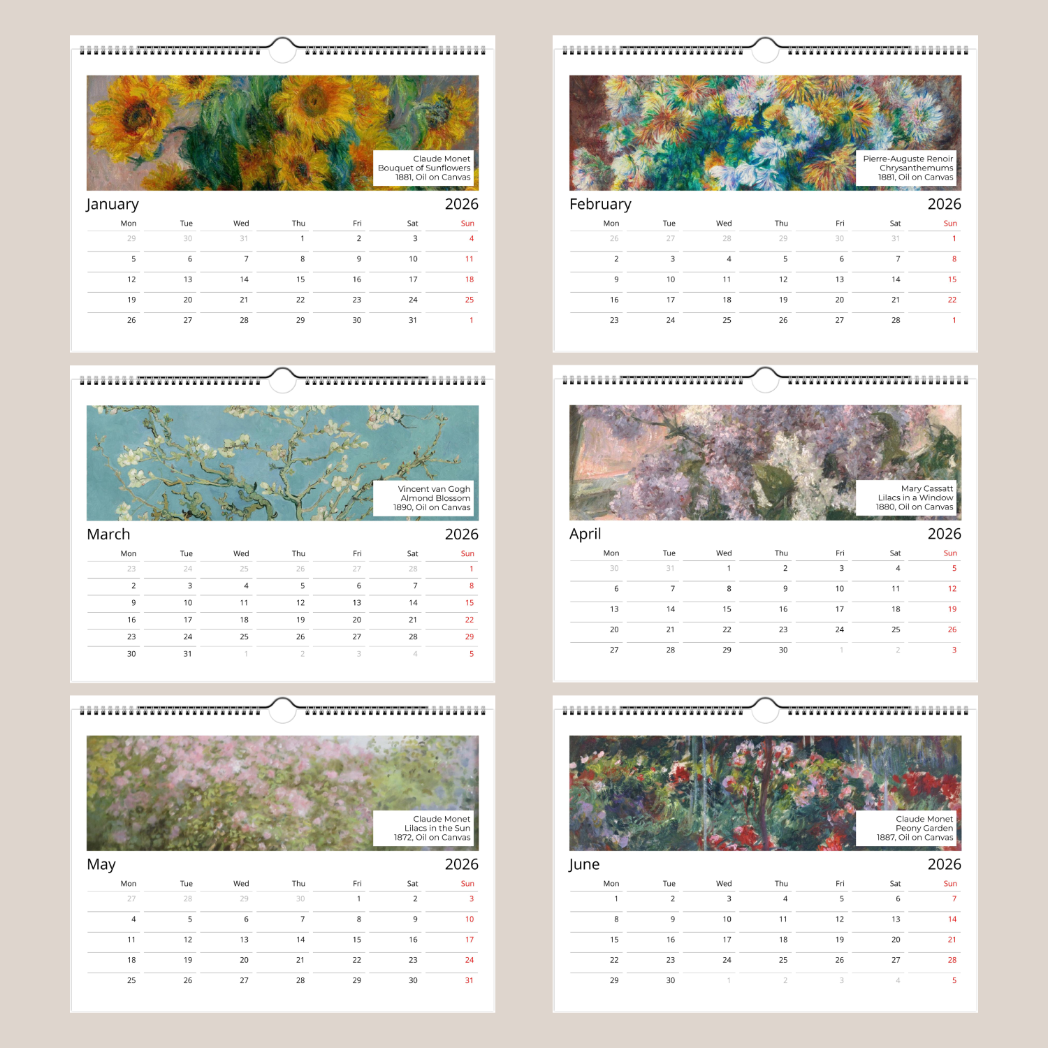 12 Miesięcy Flowers in Art A4 Kalendarz Ścienny 2026