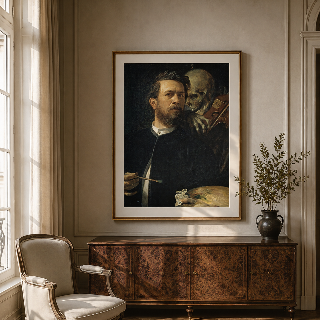 Self-Portrait with Death Playing the Fiddle – Arnold Böcklin, Premium Print
